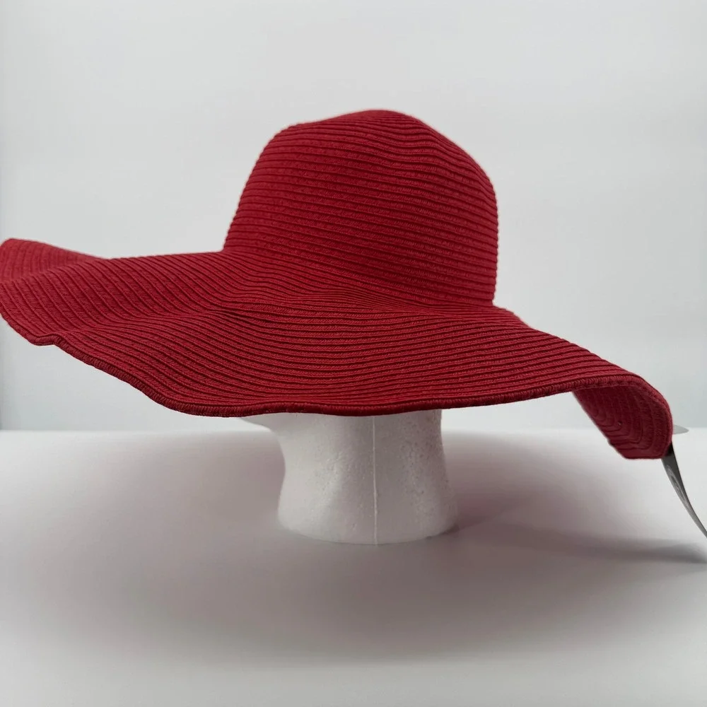 Sun Hat Women OS Red Straw Wide Brim Floppy Summer Beach Travel